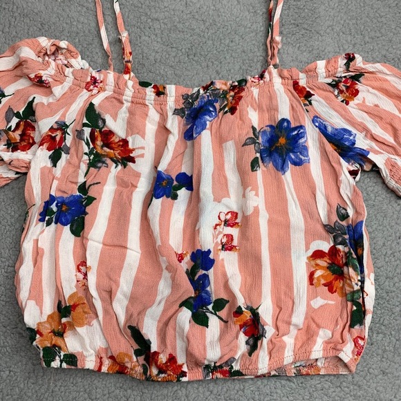 Womens Floral Boho Top Cropped Balloon Sleeve Size S Colorful Peasant Pink Rayon - Picture 8 of 8